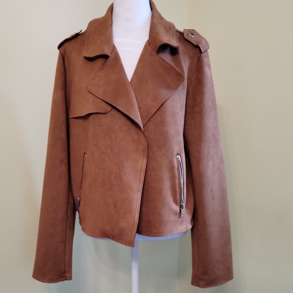 Est.1946 Women's Faux Suede Camel Colored Open Jacket